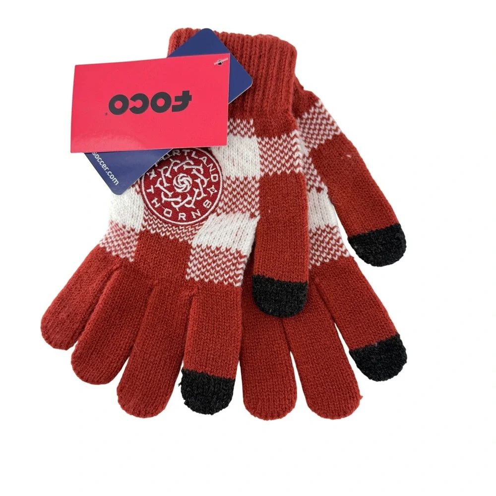 Portland Thorns NWSL FOCO Buffalo‎ Plaid Knit Gloves Touchscreen Red White